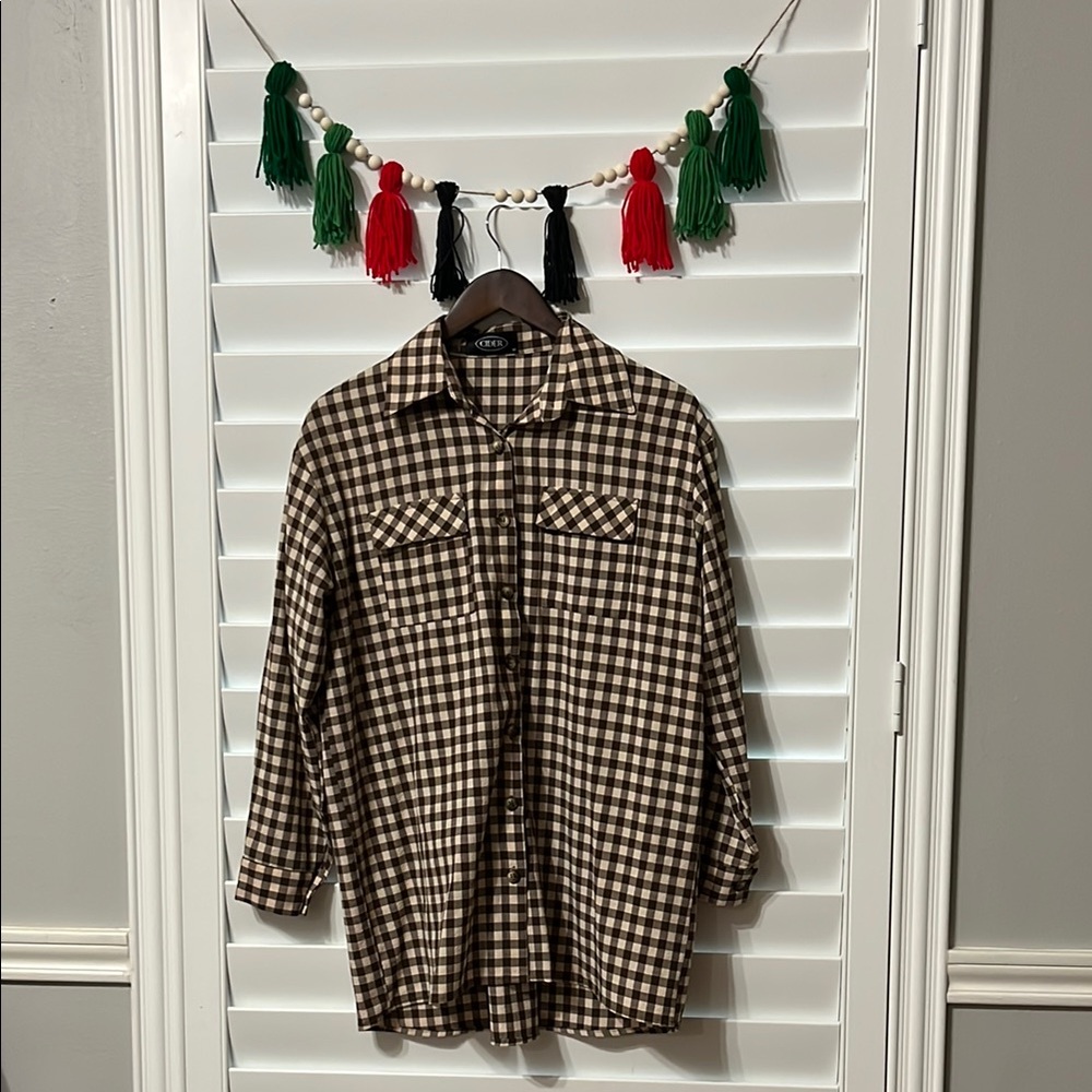 Brown and Beige Checkered Button-Up Shirt